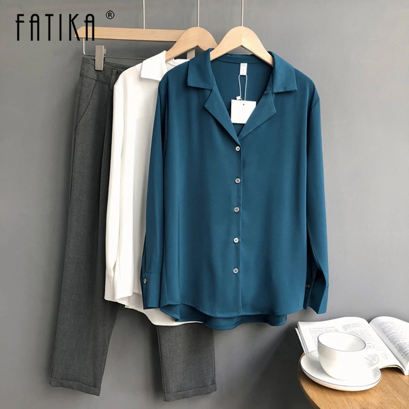 

Fatika Women Spring Autumn Korean Blouse Solid Soft Long Sleeve Turn-down Collar Female Office Lady Special Color Shirt