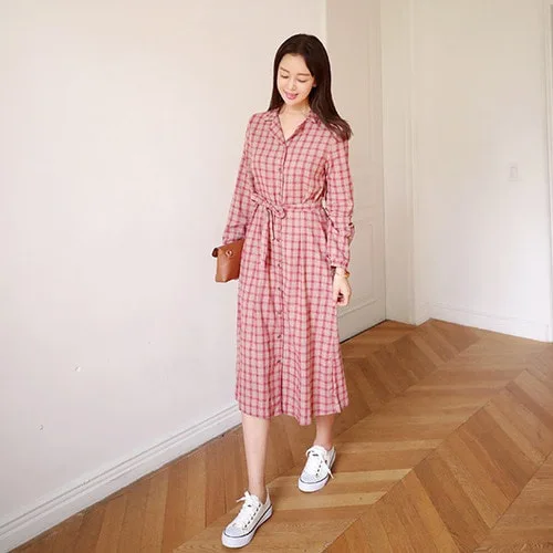 Plaid Cotton Linen Dress 2018 Spring Autumn Sashes Lapel Plaid Linen Dress