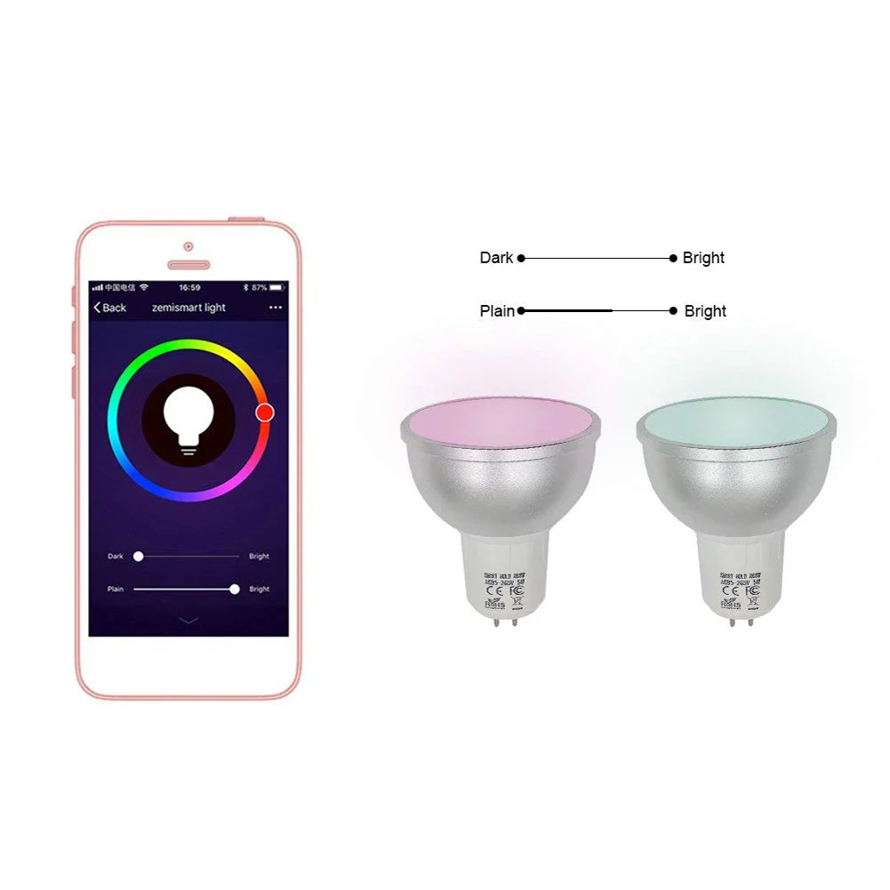 Умная лампа Wi-Fi GU10/5,3 RGBW 5 Вт Led Dimmable Дистанционное управление на смартфон планшет совместим с Alexa Google Home Assistant