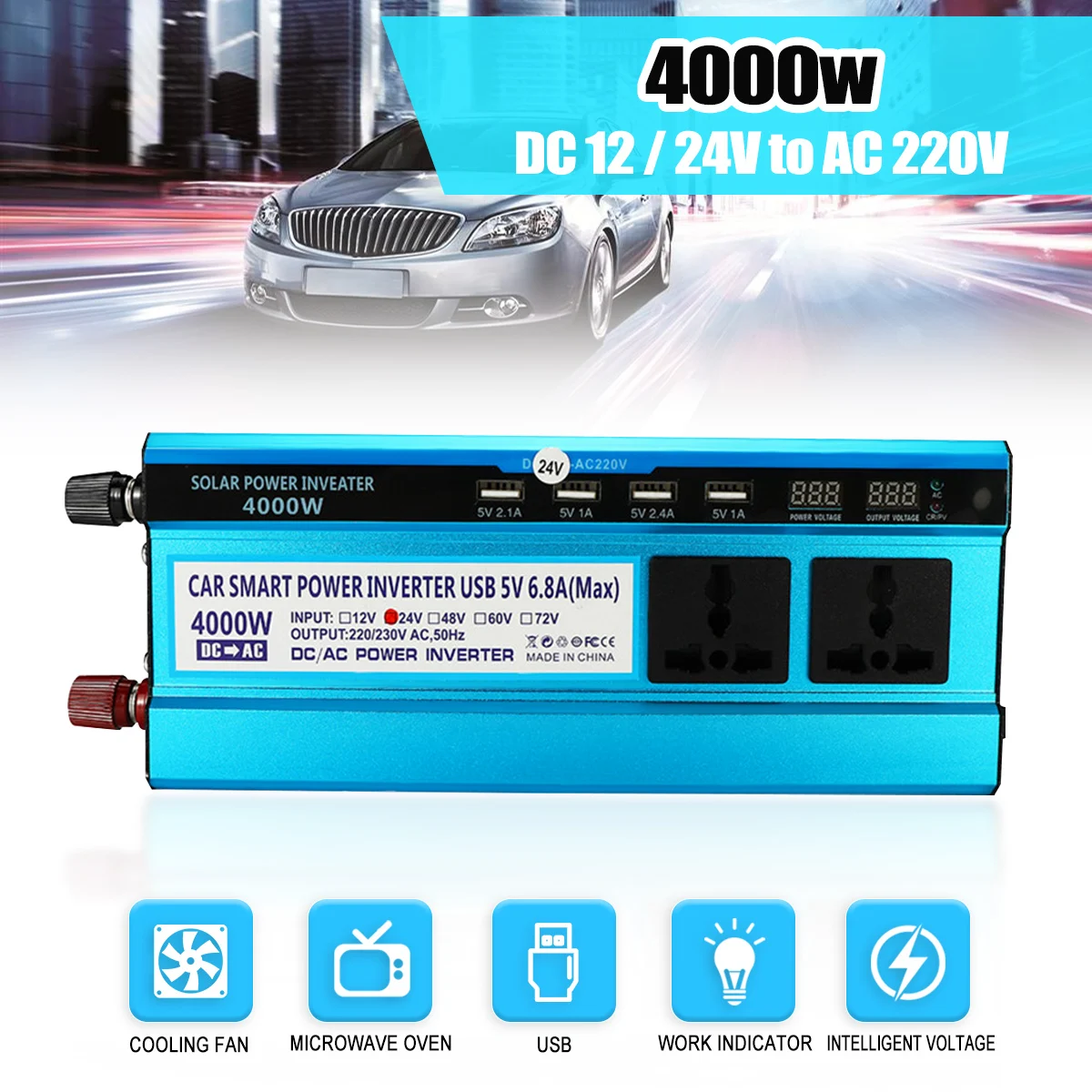 

Voltage Transformer Sine Wave USB Converter DC 12/24V to AC 220V PEAK 4000W Car LED Solar Power Inverter Short Circuit Protect