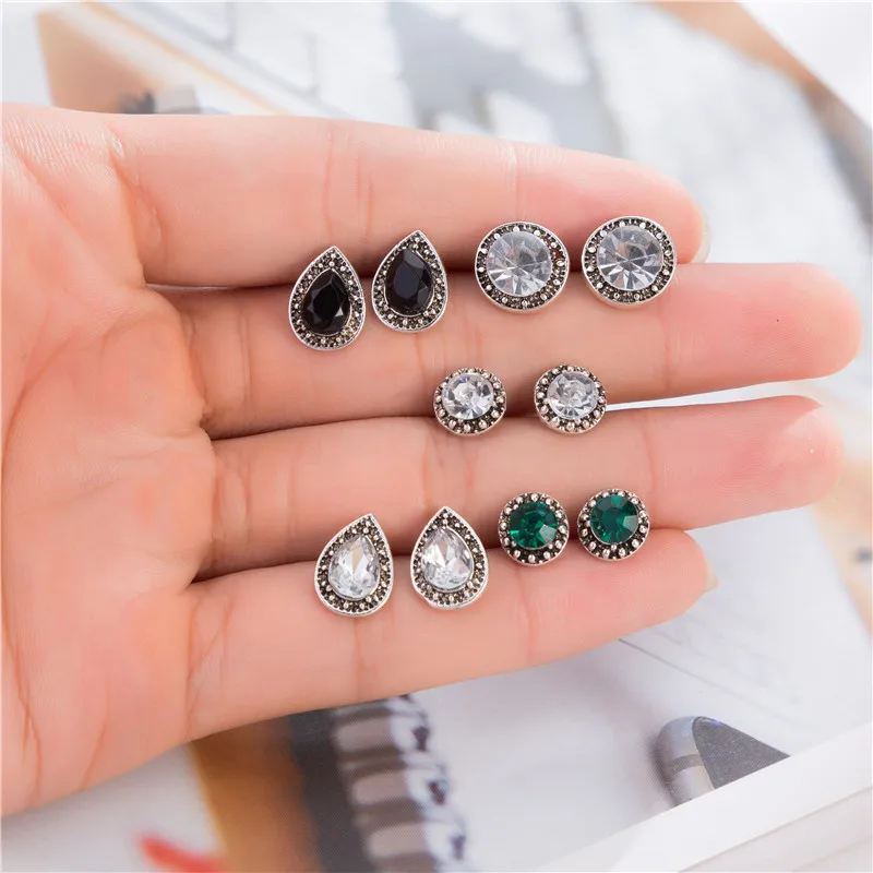 

5 Pairs/set Black White Green Crystal Round Stud Earrings Boho Water Drop Piercing Brincos Jewelry For Women Boucle D'oreille