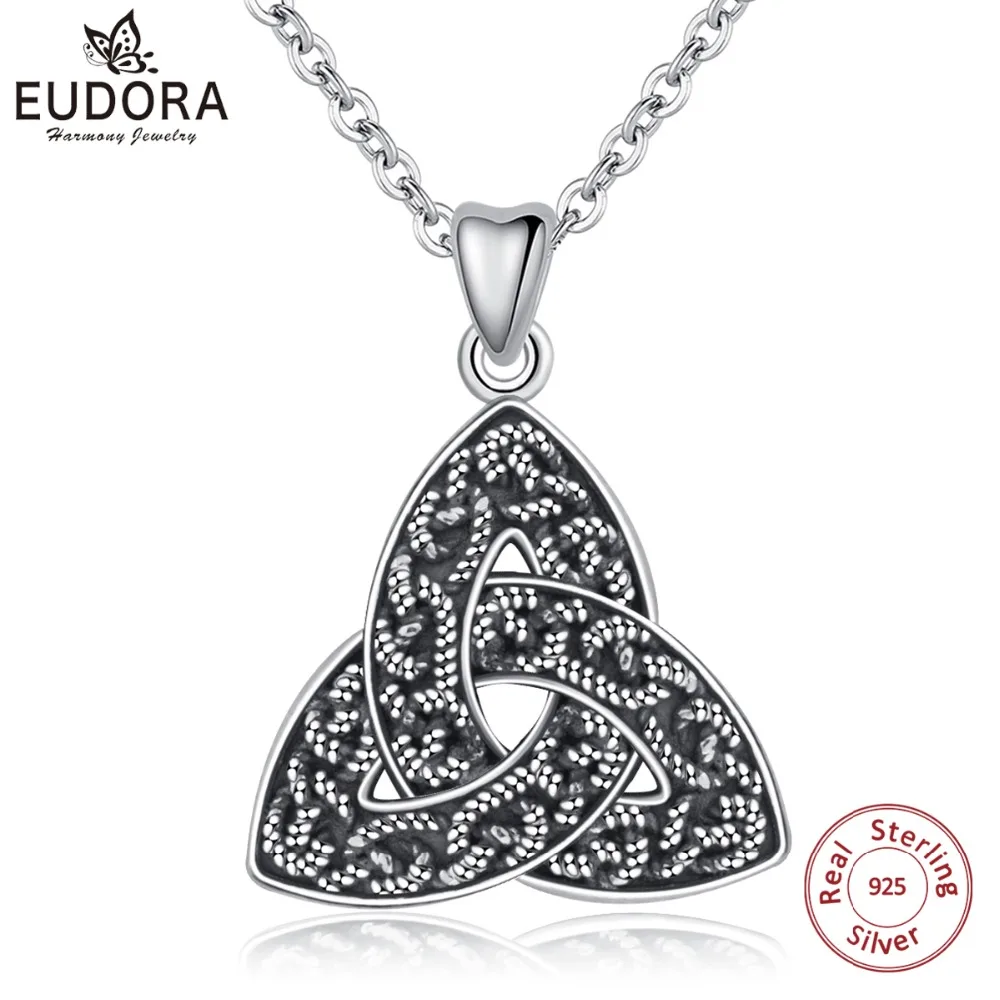 

EUDORA 100% 925 Sterling Silver Celtics Trinity Knot Triquetra Pendant Necklace For Women Oxidized Sliver Fine Jewelry CYD319
