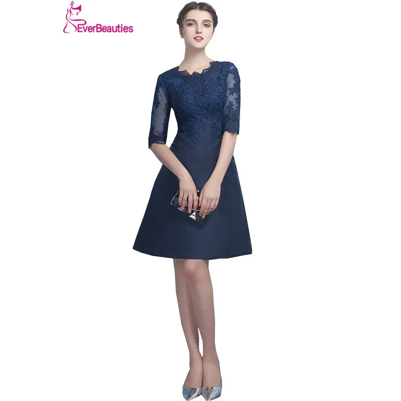 

Navy Blue Knee Length Cocktail Dresses 2019 Satin with Lace Half Sleeves Vestidos De Coctel Prom Party Dresses Robe De Cocktail