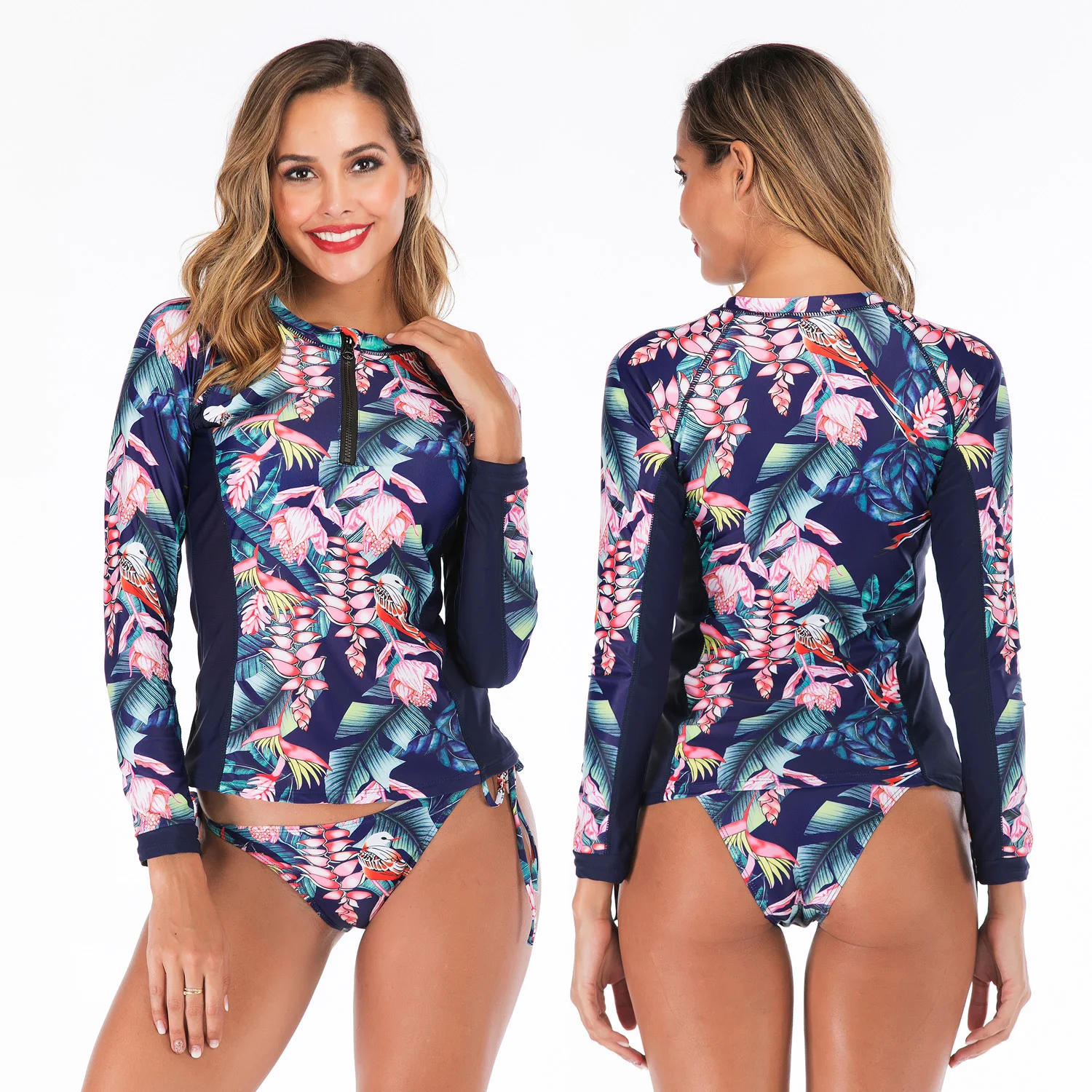 Swimsuit Women Long Sleeve Rashguard Two Pieces Swimwear UPF50+ Print Floral Zipper Surf Rash Guard Hot Spring Bathing Suit