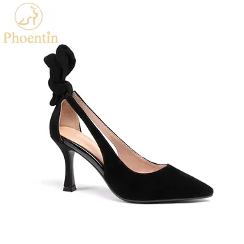 

Phoentin black high heels sexy pumps stiletto 2019 butterfly knot shoes women genuine leather side hollow out shoes pointy FT625