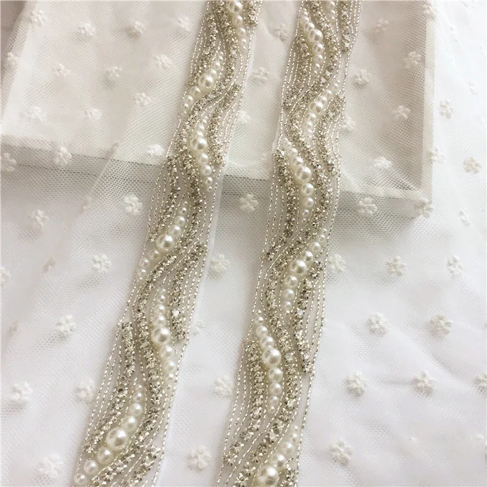 

Wedding Belt Applique Rhinestone Trims with Crystals and Pearls by Sewing and Hot fix for DIY Handmade Bridal Belt Headpieces