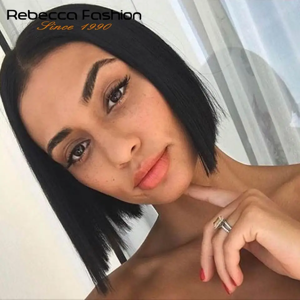 Rebecca 8 Inch Short Bob Human Hair Lace Wigs For Black Women Middle Part Peruvian Remy Straight Hair Lace Wig Natural Black