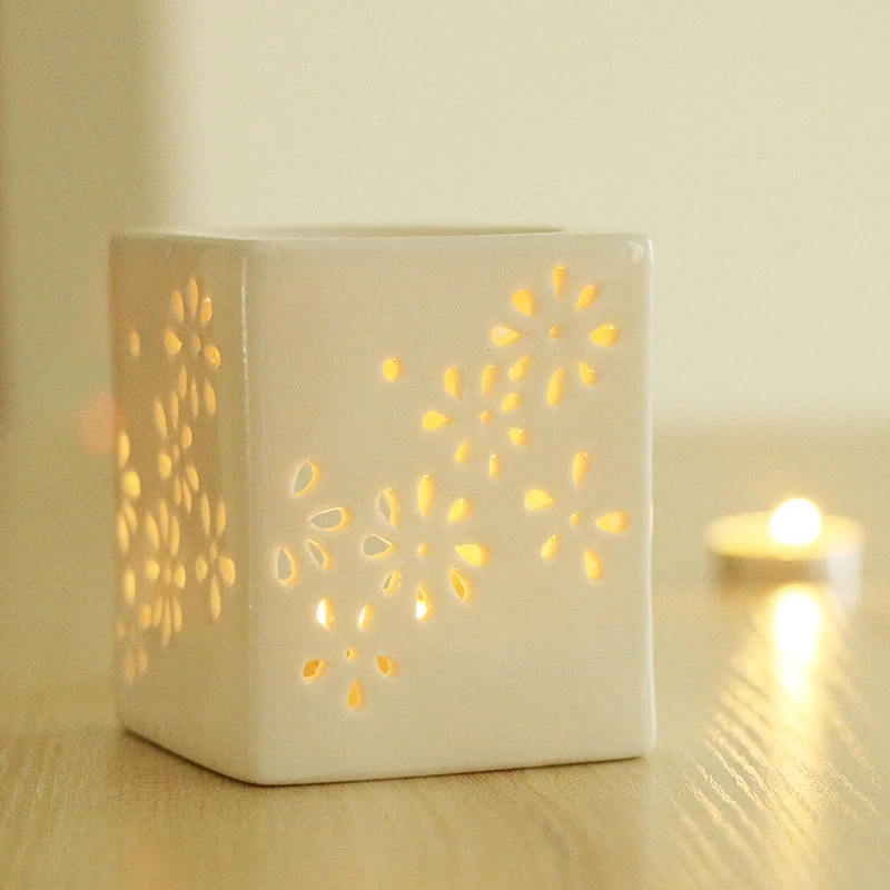 

White Square Hollow Aromatherapy Candle Oil Light Furnace Ceramic Lamp Beautiful Pattern Incense Burners 9*8.6CM