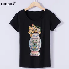 LUO SHA ручная работа вышивка 3D летняя футболка женская футболка Femme Цветы бисер летние женские топы Poleras de Mujer