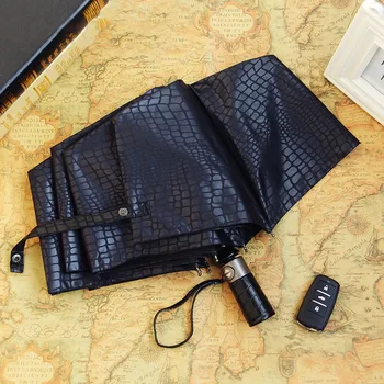 

Gentle Men Three Folding Compact Umbrella Fully Automatic Large Imitation leather High Quality Winfproof Strong Umbrellas