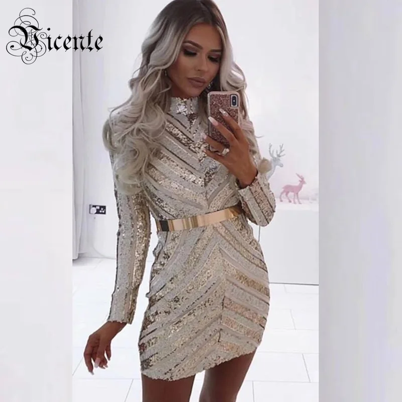

Vicente 2019 New Chic Geometric Sequins Design Long Sleeves Stand Collar Wholesale Celebrity Party Club Mini Dress