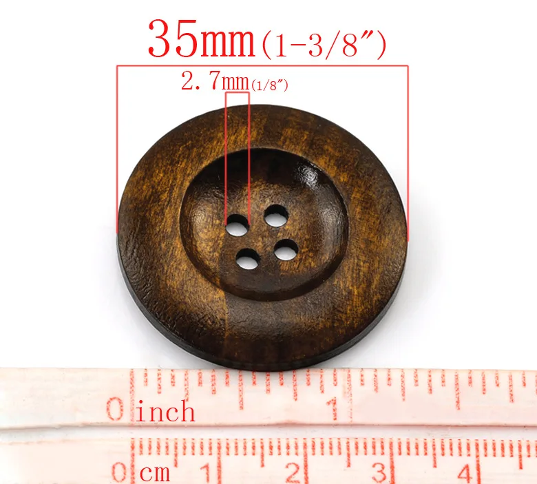 20 шт. темно-Кофе 4 отверстия круглые деревянные пуговицы 35 мм(1 3/") диам. Швейная фурнитура