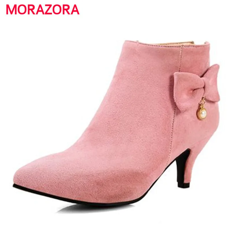 

MORAZORA Wedding party boots large size 34-43 ankle boots women solid bowknot pointed toe flock high spike heels shoes autumn