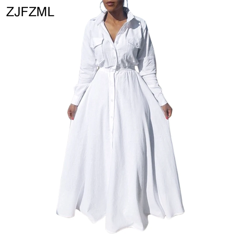 

ZJFZML Deep V-Neck Sexy Maxi Dress Autumn Turn-down Collar Button Fit And Flare Dress Casual Women White Long Sleeve Dress Shirt