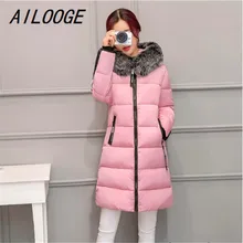 AILOOGE женский пуховик зимний меховой воротник с капюшоном тонкий длинный пуховик на утином пуху женское теплое пальто