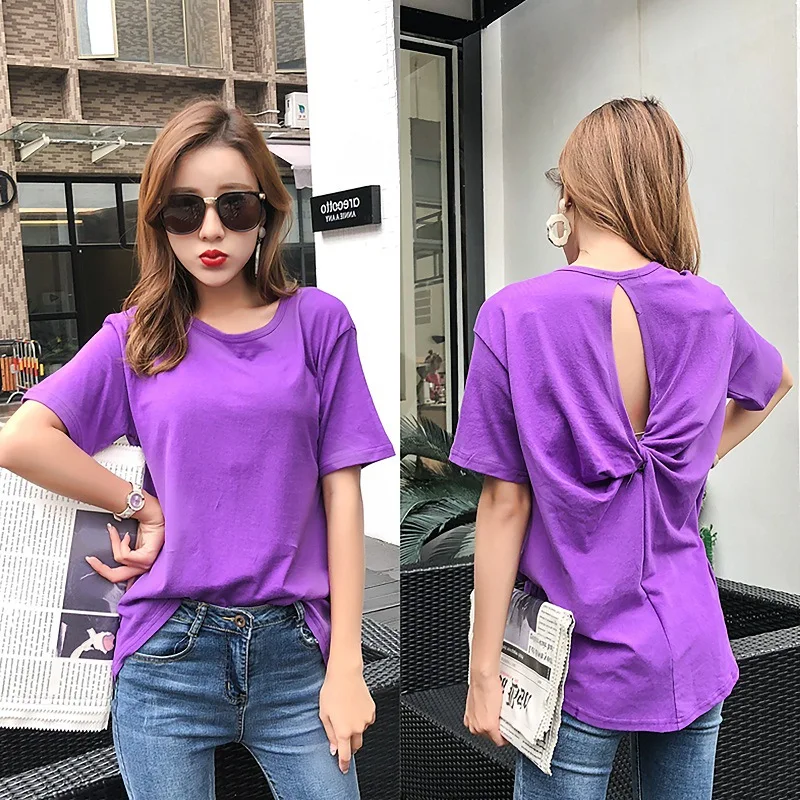 

U-SWEAR Sexy Ladies T-shirt Plain Cotton Short Sleeve Tops Purple Solid Color Women T Shirt Slim Fit Round Neck Tee Shirt Tops