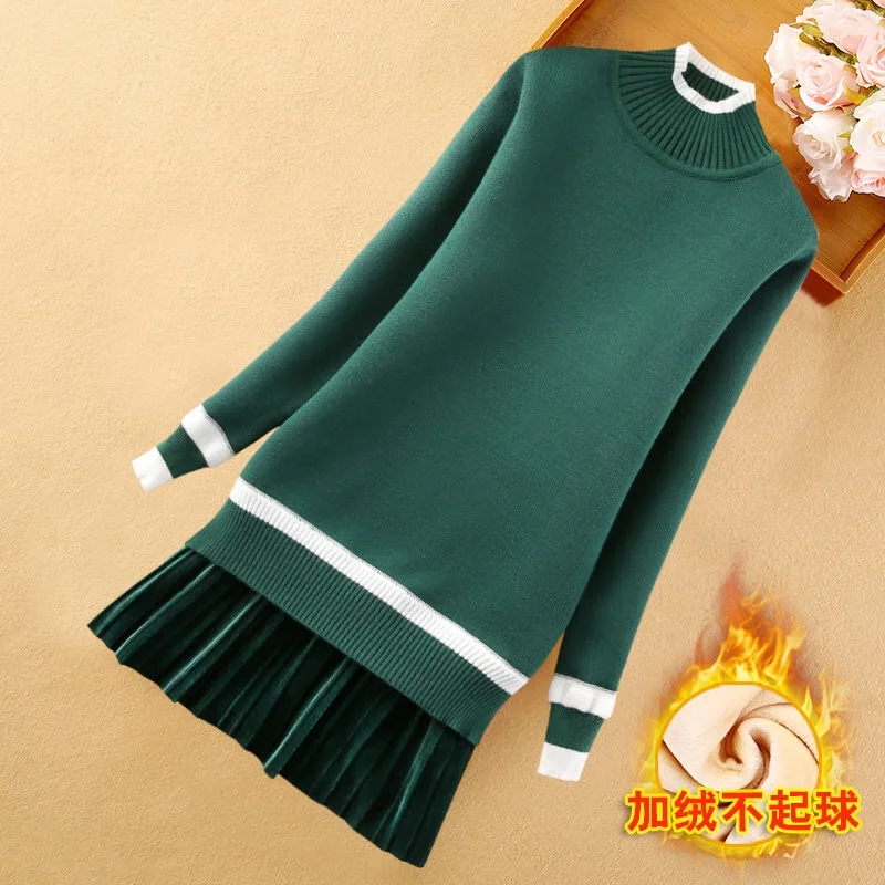 

Girl Warm Lining Sweater Winter Knitted Dress Children Long Turtleneck Pullover 5-15 Yrs Velvet Patchwork Girls Clothing