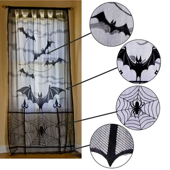 

1/2Pcs Hot Unique Funny Halloween Lace Window Curtain Black Spider Web Bats Festival Home Decoration Door Curtains FBE3
