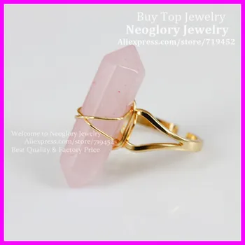 

10pcs Natural Pink Quartz Gems Finger Ring,Metal Plated Wire Wrapped Bail Point Ring Hexagon Reiki Charka Quartz Druzy Ring