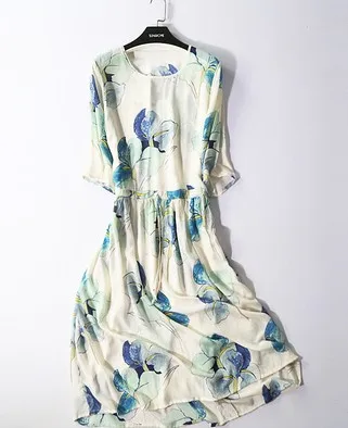 

New Silk Dress of 2019 Large-size printed round-necked silk dress with long middle sleeve beach dress and silk dress with large