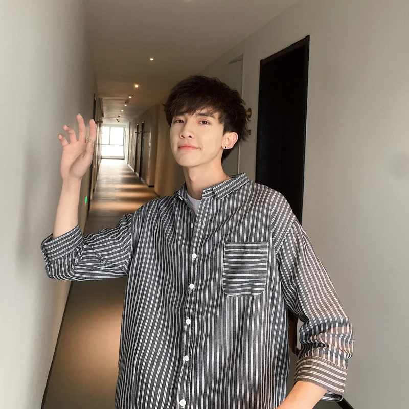 Short-sleeved shirt summer port wind stripe Korean version of the trend handsome sleeve men's loose Thin Chinese Style - Цвет: black