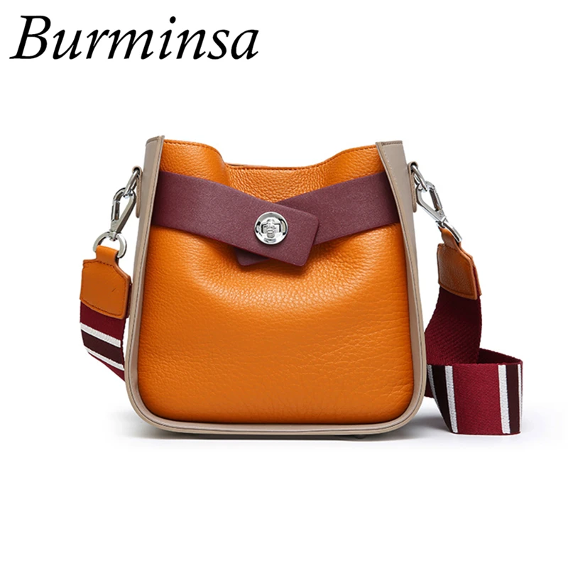 

Burminsa Tricolor Small Genuine Leather Shoulder Bags Women Wide Strap Bucket Crossbody Bags Ladies Messenger Bags Summer 2018