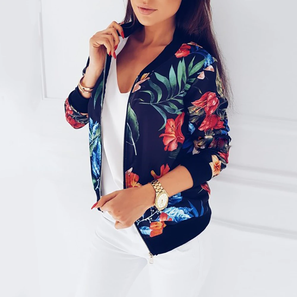 

Bomber Retro Floral Printed Female Jackets Plus Size Casual Long Sleeve Women's Thin Coats Zipper O Neck Ladies Tops Outwear
