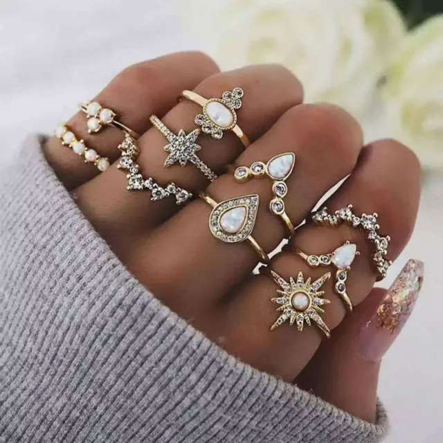 10pcs/set Bohemia Women Rings Set 2019 Vintage Gold Colour Sun Heart Crystal Charm Finger Ring Sets For Women Jewelry Gift