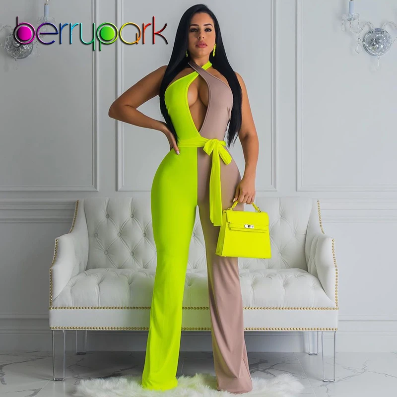 

BerryPark 2019 Women Jumpsuit Green Gray Patchwork Sleeveless Backless Criss Cross Halter Wide Legs Sexy Jumpsuits Drop Shipping