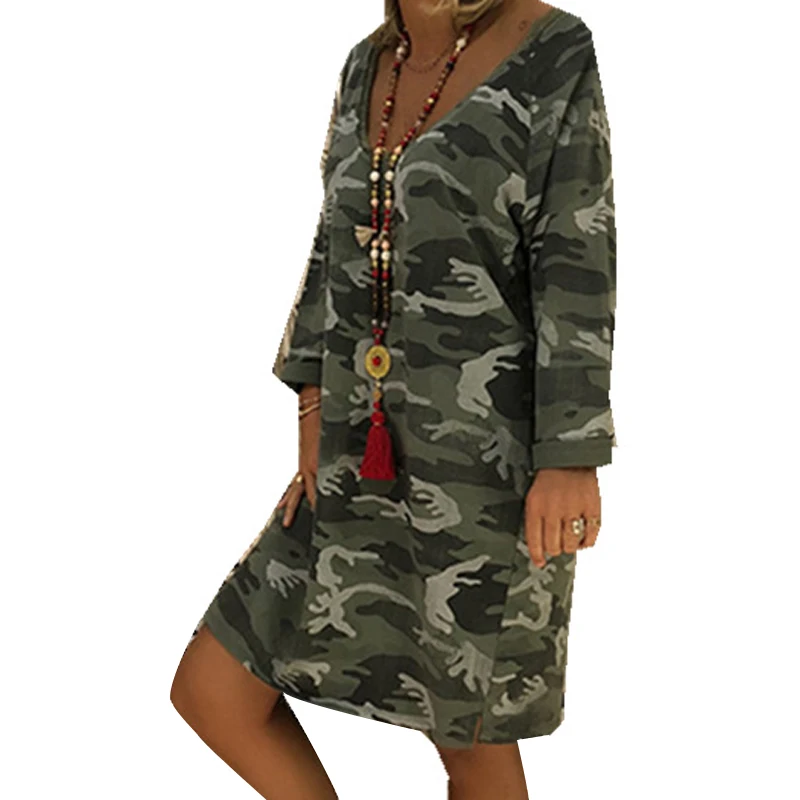 

Women Short Dress Sexy V Neck Loose Long Sleeve Camouflage Dresses Printed Mini Shift Dress