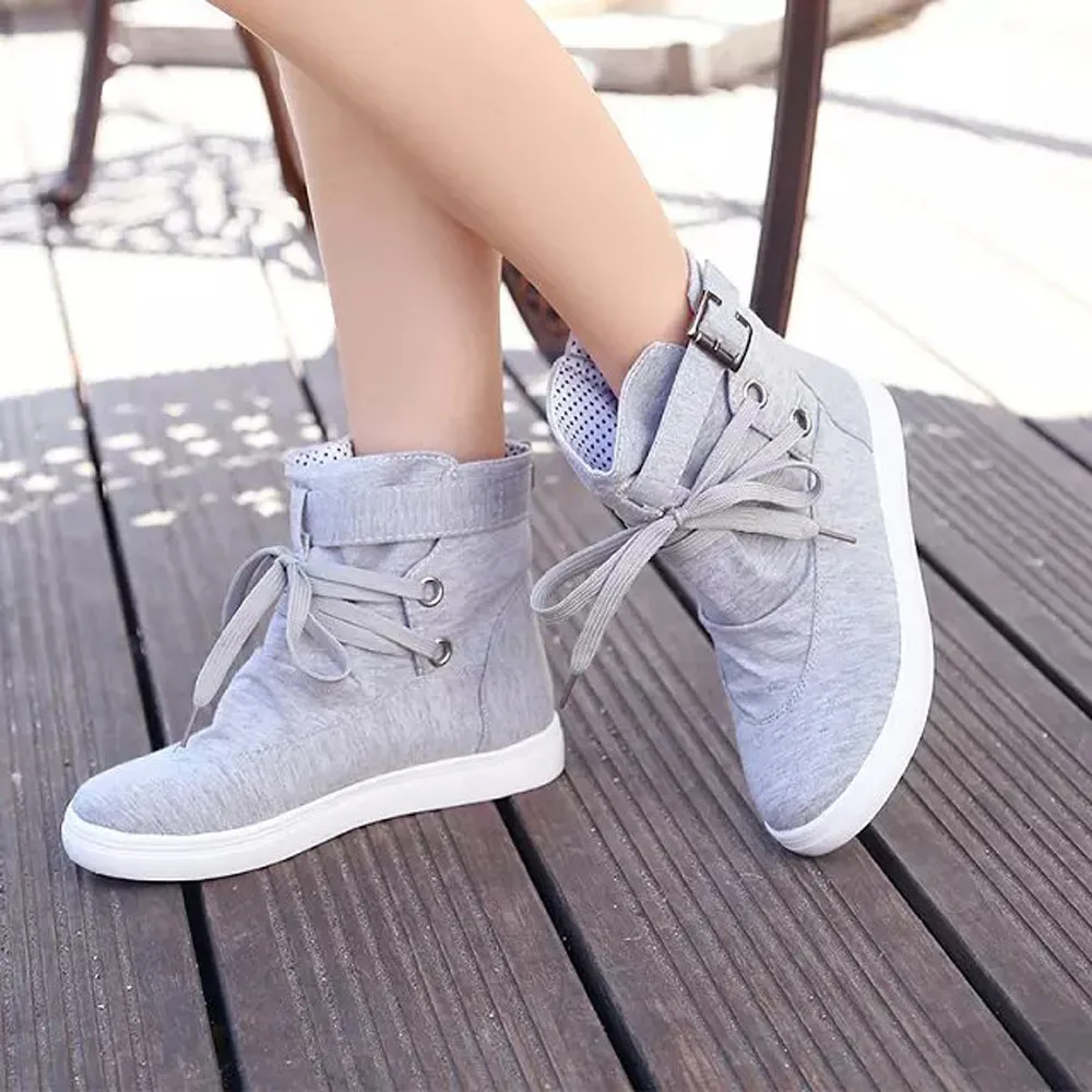 

Canvas Ankle Boots for Women Lace-Up Flats Martin Boots With Buckle female fashion platform shoes in autumn winter hot sale