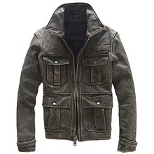 Мужская Ретро винтажная куртка из натуральной кожи, отбеливающая мотоциклетная одежда с отворотом, приталенная короткая осенне-зимняя куртка черного цвета