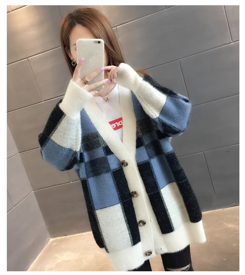 Imitation Mink Wool Sweater Coat Ladies Long Autumn and Winter New Loose Plaid Padded Knit Cardigan Women Sweaters