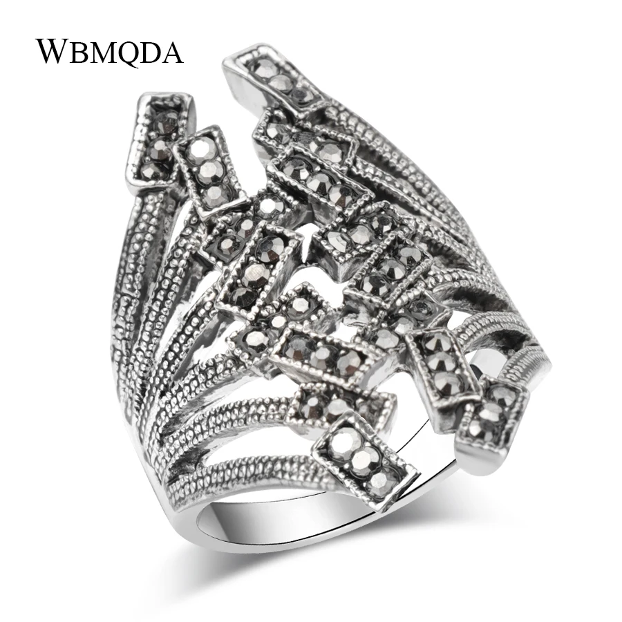 

Kinel 2018 Fashion Black Crystal Big Ring Antique Silver 925 Engagement Wedding Rings For Women Vintage Jewelry
