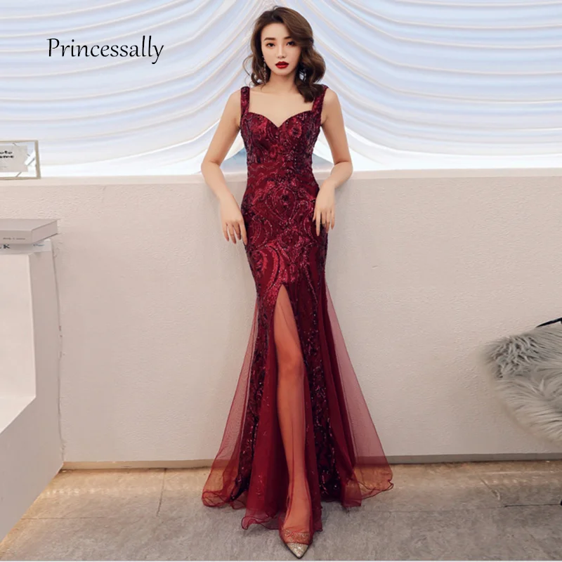 

New Sequin Mermaid Evening Dresses Spaghetti Strapless Sexy HIGH Split Formal Prom Party Gown for Valentine's Day Gift For Women