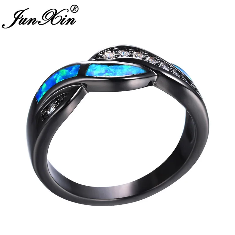 JUNXIN Male Female Blue/White Fire Opal Rings For Women Men 925 Silver Black Gold Filled Wave Cross Ring Zircon Wedding Jewelry