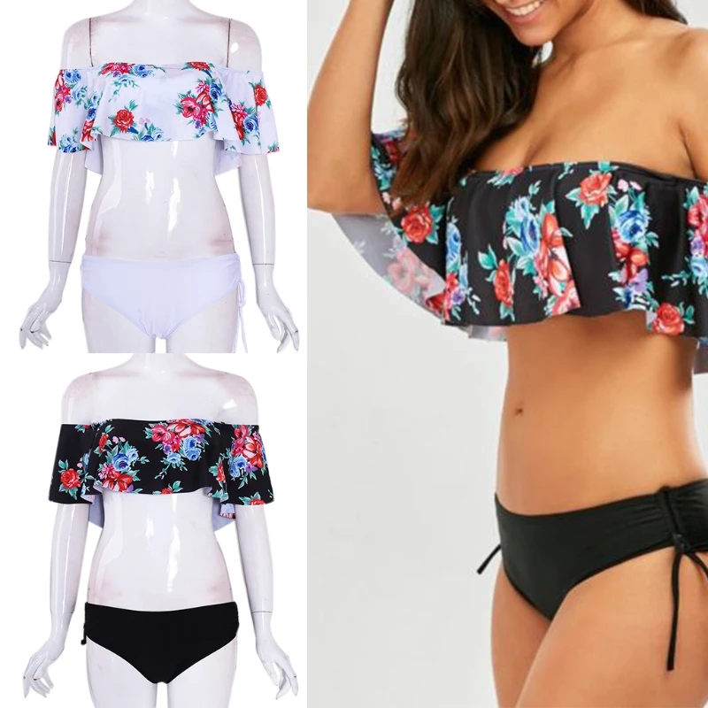 Floral Women two piece swimsuit Push up Bra Flounce Floral Print