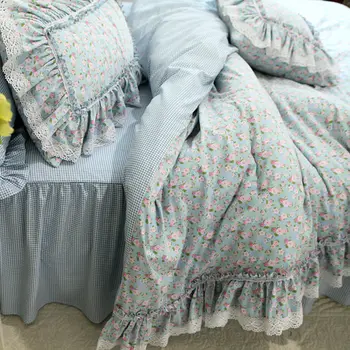 

New Fresh Flowers Print Bedding Set Lace Ruffle Duvet Cover Quality Embroidery Bed Sheet Pastoral Bed Skirt Bedspread Bedding