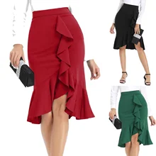 Для женщин носить на работу эластичные юбки юбка с оборками с завышенной талией Bodycon по колено юбки "рыбий хвост" Для женщин юбки