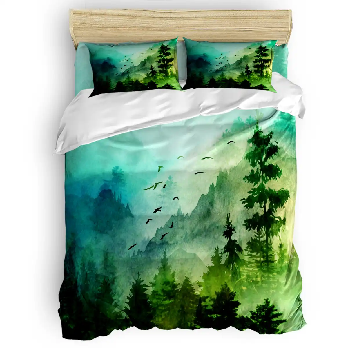 Green Forest Mountain Morning Duvet Cover Set Nature Environment