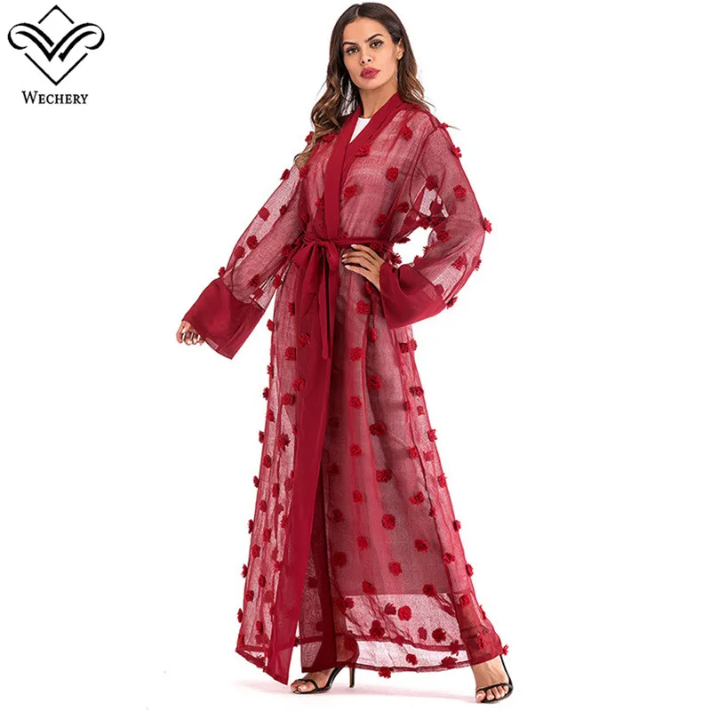 Wechery платье из Дубая аппликации дост узор черный, белый цвет Розовый и красный цвет Абая для женщин Открыть свободные мусульманская одежда