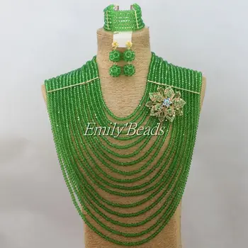 

Nigerian Green African Crystal Beads Jewelry Sets 16 Rows Nigerian Wedding African Costume Big Necklace Set Free Shipping AIJ268
