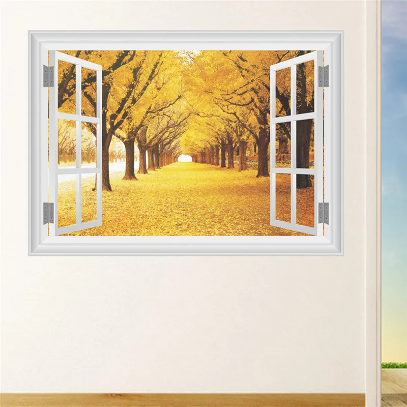 3D Window Autumn Landscape View Wall Sticker Decals Art Decor Mural