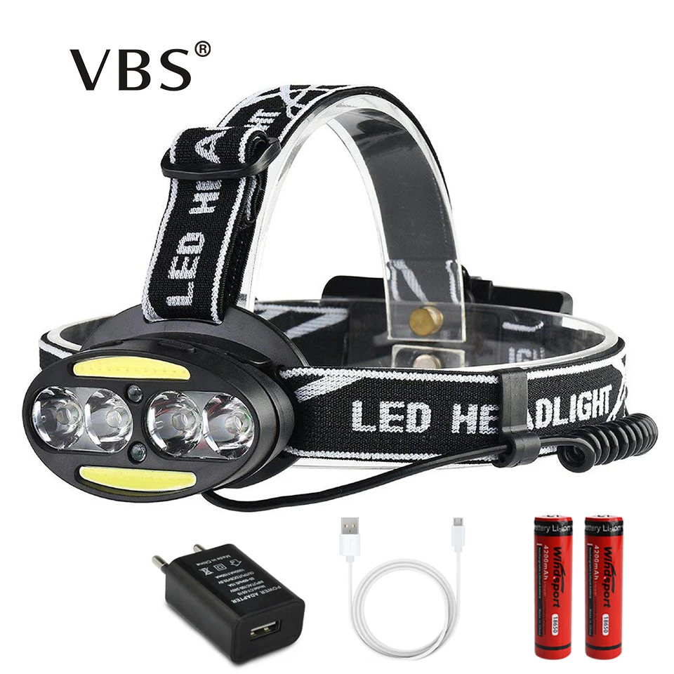 

Headlight USB Charging Headlamp 4* T6 +2*COB+2*Red LED Head Lamp Head Torch Flashlight Lanterna with 18650 Batteries Charger
