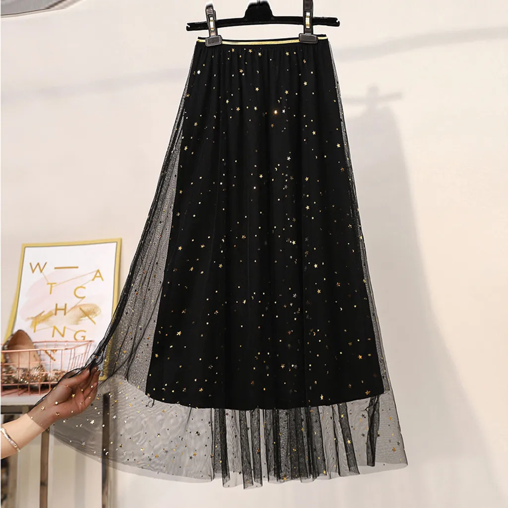 

2019 New Fashion Women's High Waist Pleated Skirt Sparkle Lady Tulle Skirt B#