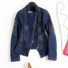 Весенние женские джинсовые куртки, модная вышитая куртка с Диагональной молнией, джинсовая куртка-бомбер, пальто Z509