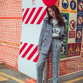 

Pants suit jacket Women Two-piece Female set 2019 autumn new retro slim check long-sleeved suit jacket fashion loose wild pants