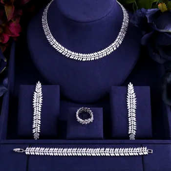 

janekelly Luxury Sparkling Silver/Gold Color Leaf Shape CZ Crystal Long Dangle Tassel necklace set 4pcs jewelrys For Women