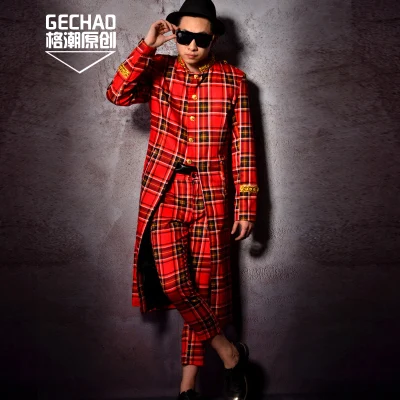 

Scotland Plaid Long Suit New Men's Fashion DJ Plus Size S-6XL Men Suit Nightclub Performance Show Slim Blazer Costume Homme