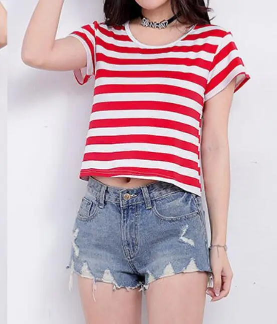 Womens Ladies Crew Neck Striped Casual Top Red Pink Short Sleeve T-Shirt Blouse